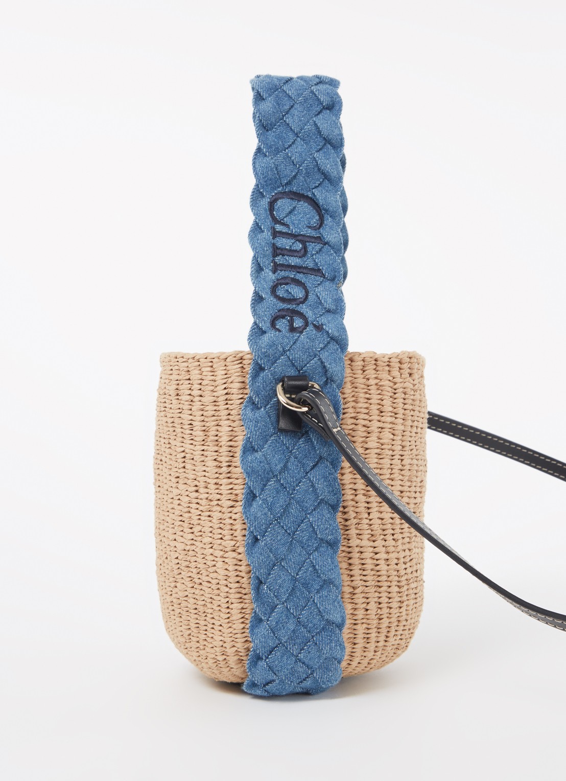 Chloé Woody bucket handtas van raffia met denim details  - detail 3 camel
