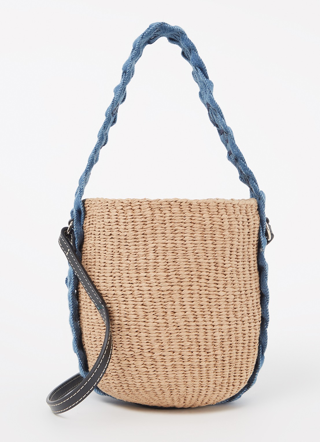 Chloé Woody bucket handtas van raffia met denim details  - voorkant 5 camel