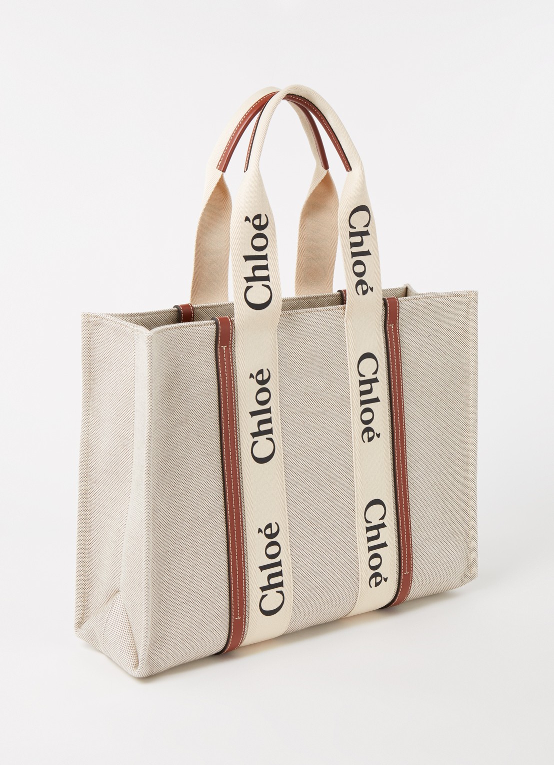 Chloé Woody Large shopper van canvas met kalfsleren details - achterkant 6 beige