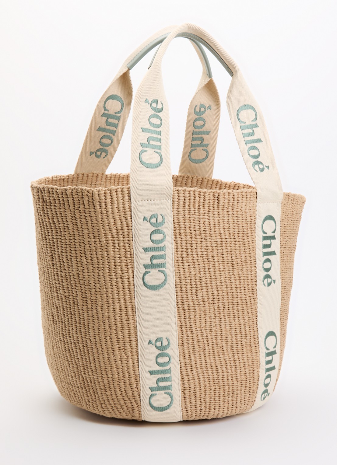 Chloé Woody Large shopper van raffia met kalfsleren details  - achterkant 2 groen