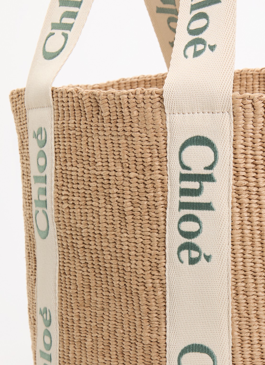 Chloé Woody Large shopper van raffia met kalfsleren details  - detail 5 groen