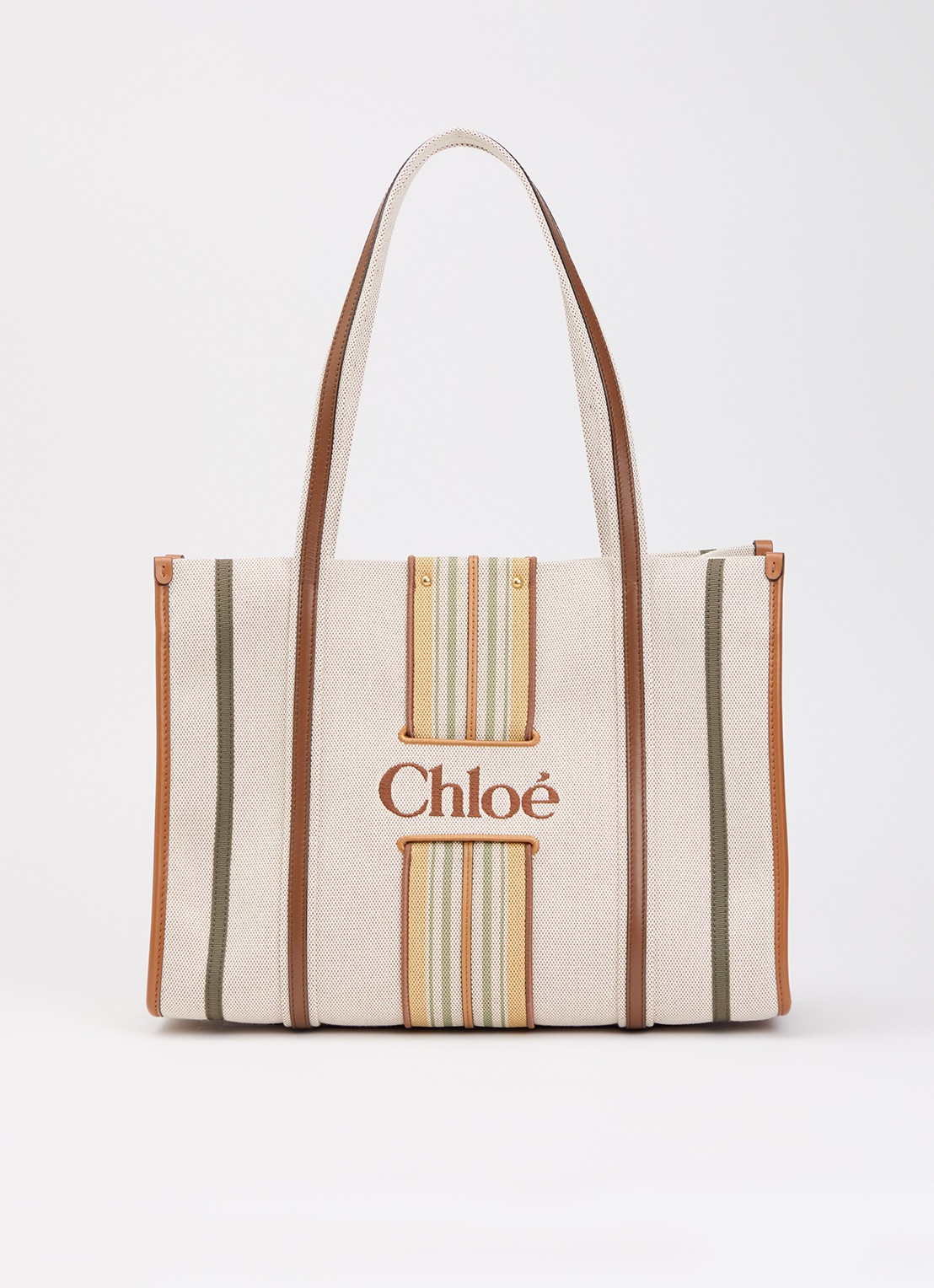Chloé Woody Loop Medium schoudertas van canvas met kalfsleren details - voorkant beige