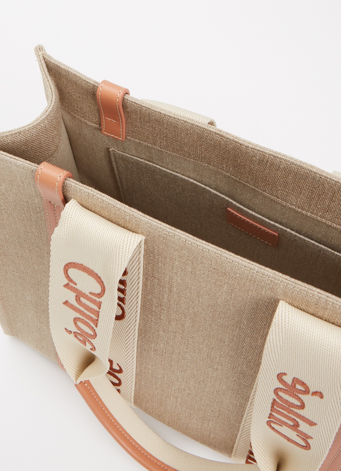 Chloé Woody Medium shopper van canvas met kalfsleren details - detail lichtoranje