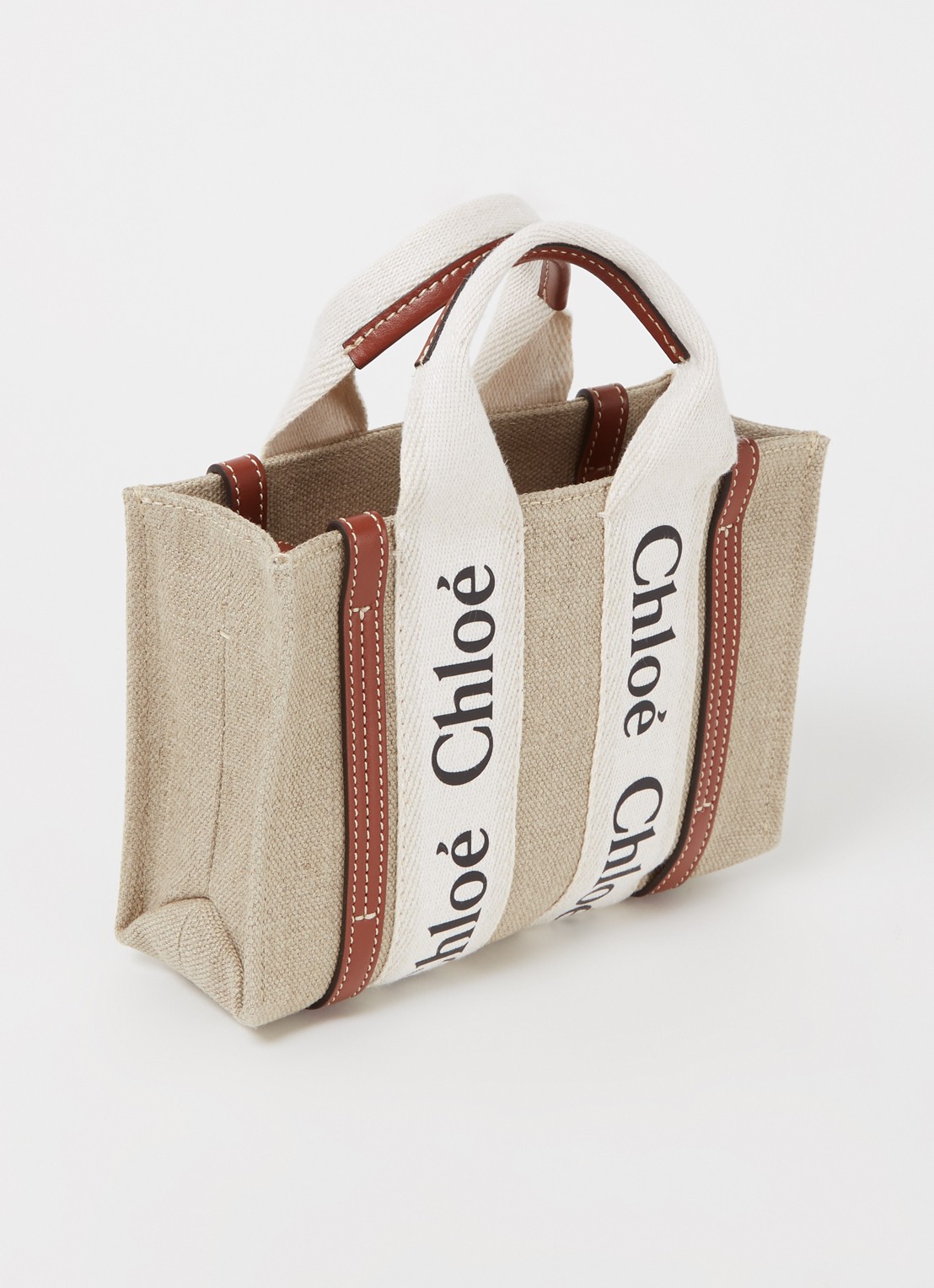 Chloé Woody Mini handtas van canvas met kalfsleren details - achterkant 7 beige