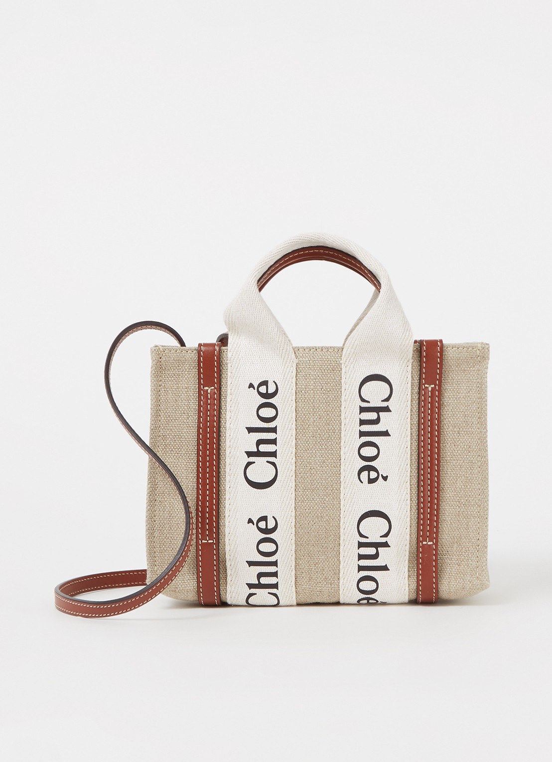 Chloé Woody Mini handtas van canvas met kalfsleren details - voorkant 4 beige