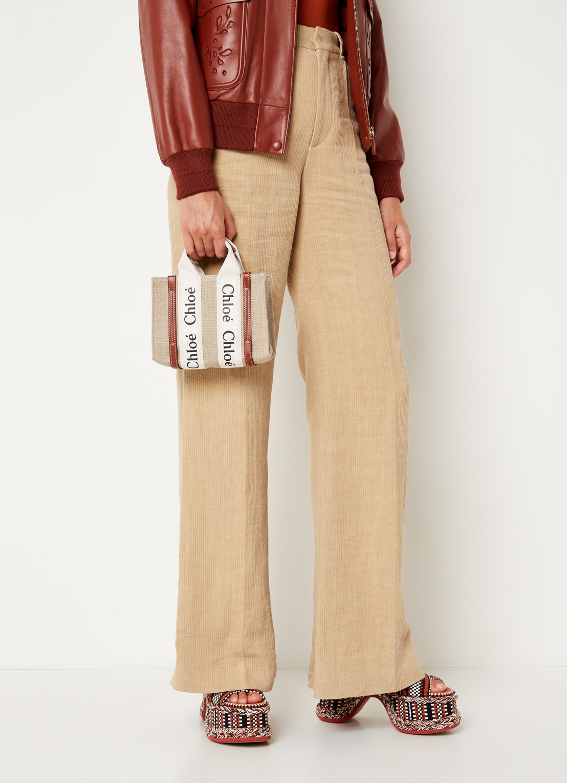 Chloé Woody Mini handtas van canvas met kalfsleren details - voorkant 5 beige