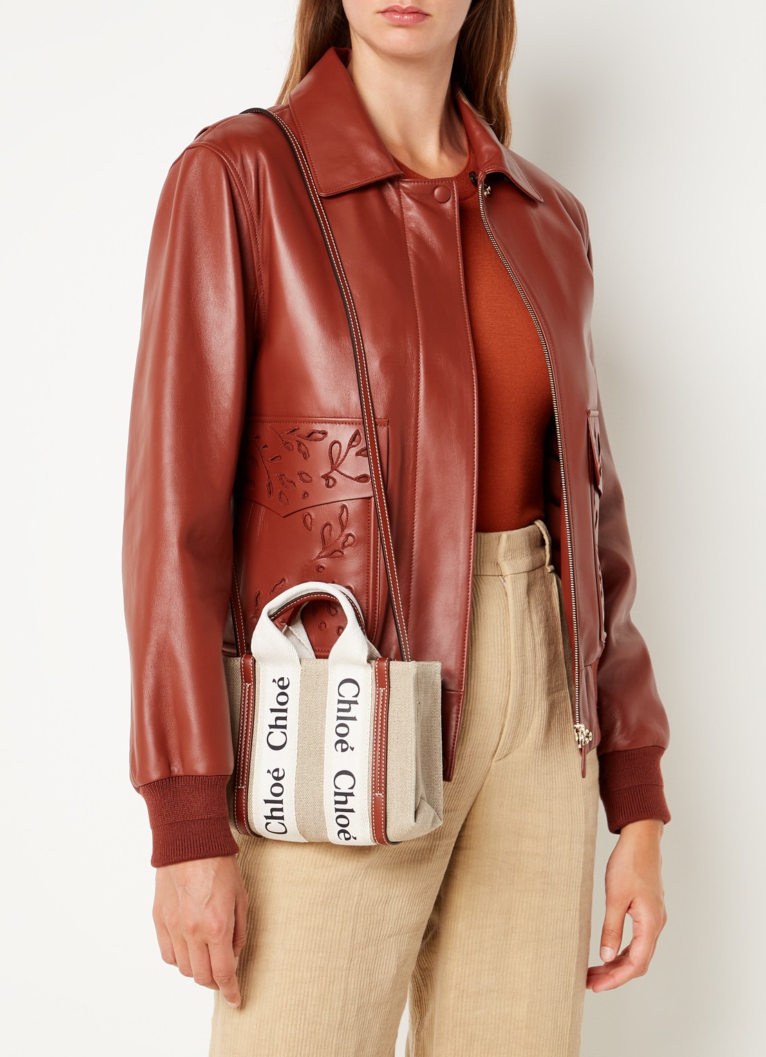 Chloé Woody Mini handtas van canvas met kalfsleren details - voorkant 6 beige