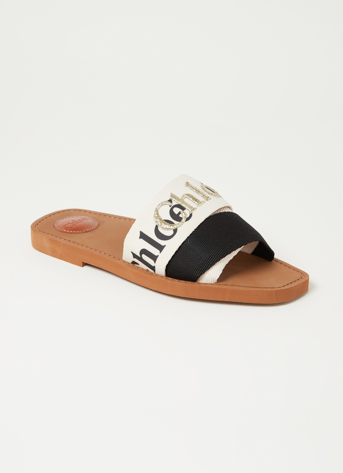 Chloé Woody slipper van canvas met logo - voorkant beige