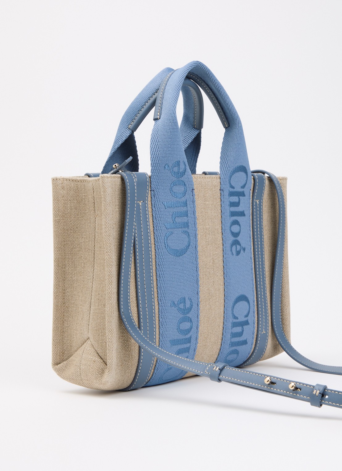 Chloé Woody Small handtas met kalfsleren details - achterkant 4 blauw