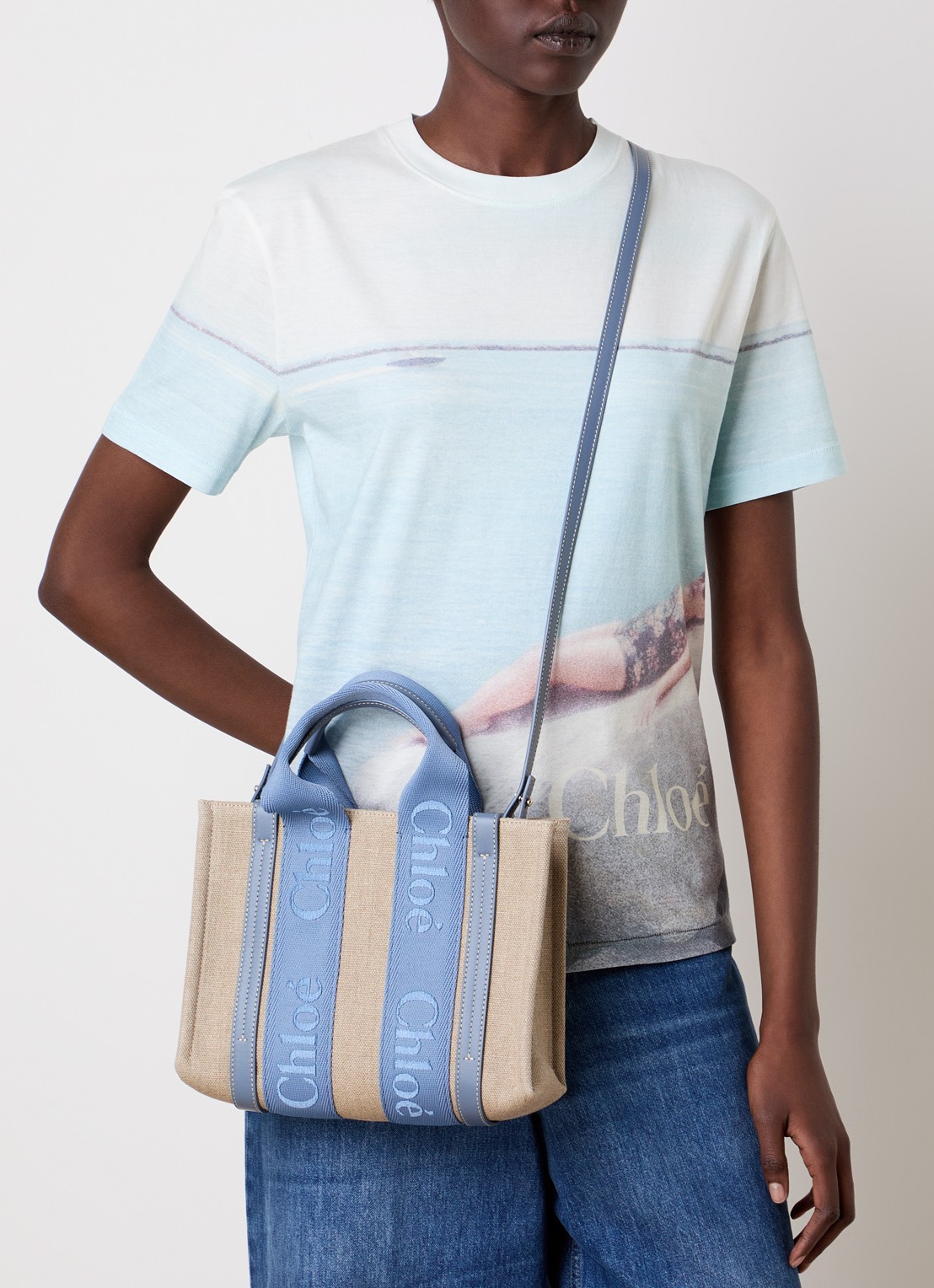 Chloé Woody Small handtas met kalfsleren details - voorkant 2 blauw