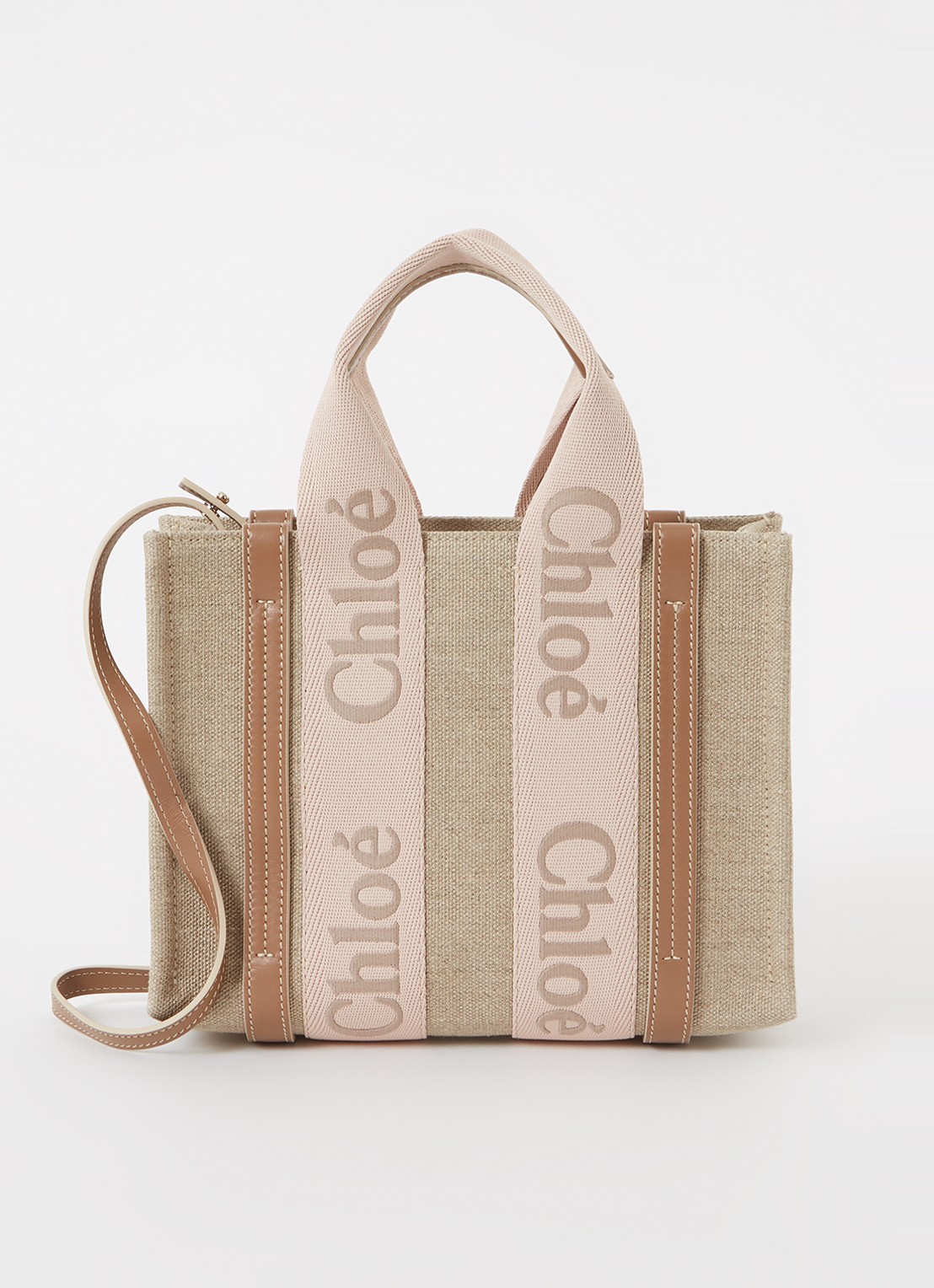 Chloé Woody Small handtas met kalfsleren details - voorkant beige