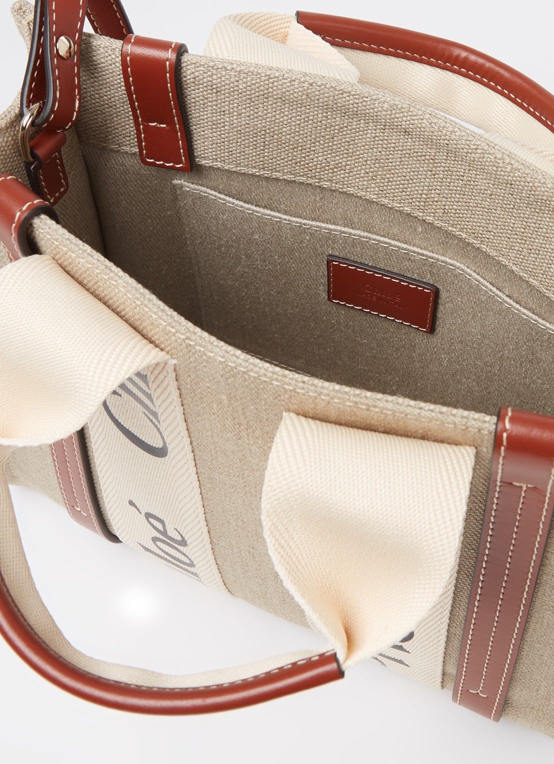 Chloé Woody Small handtas van linnen met kalfsleren details - detail 4 camel