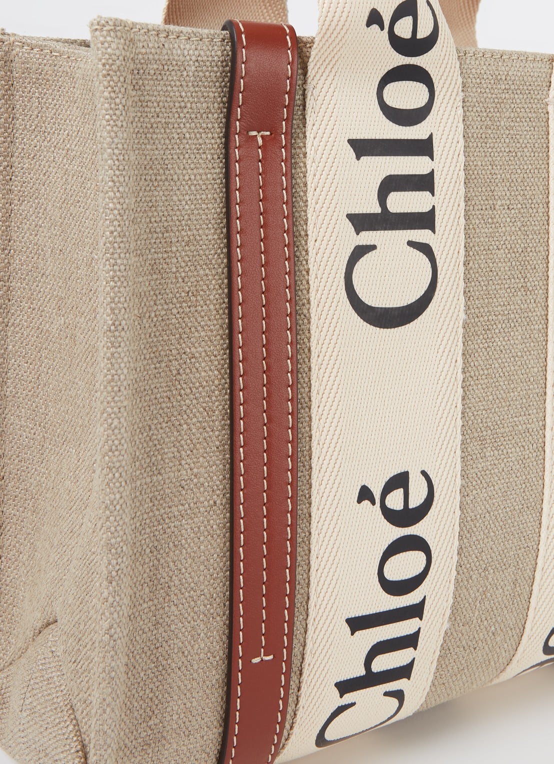 Chloé Woody Small handtas van linnen met kalfsleren details - detail 6 camel