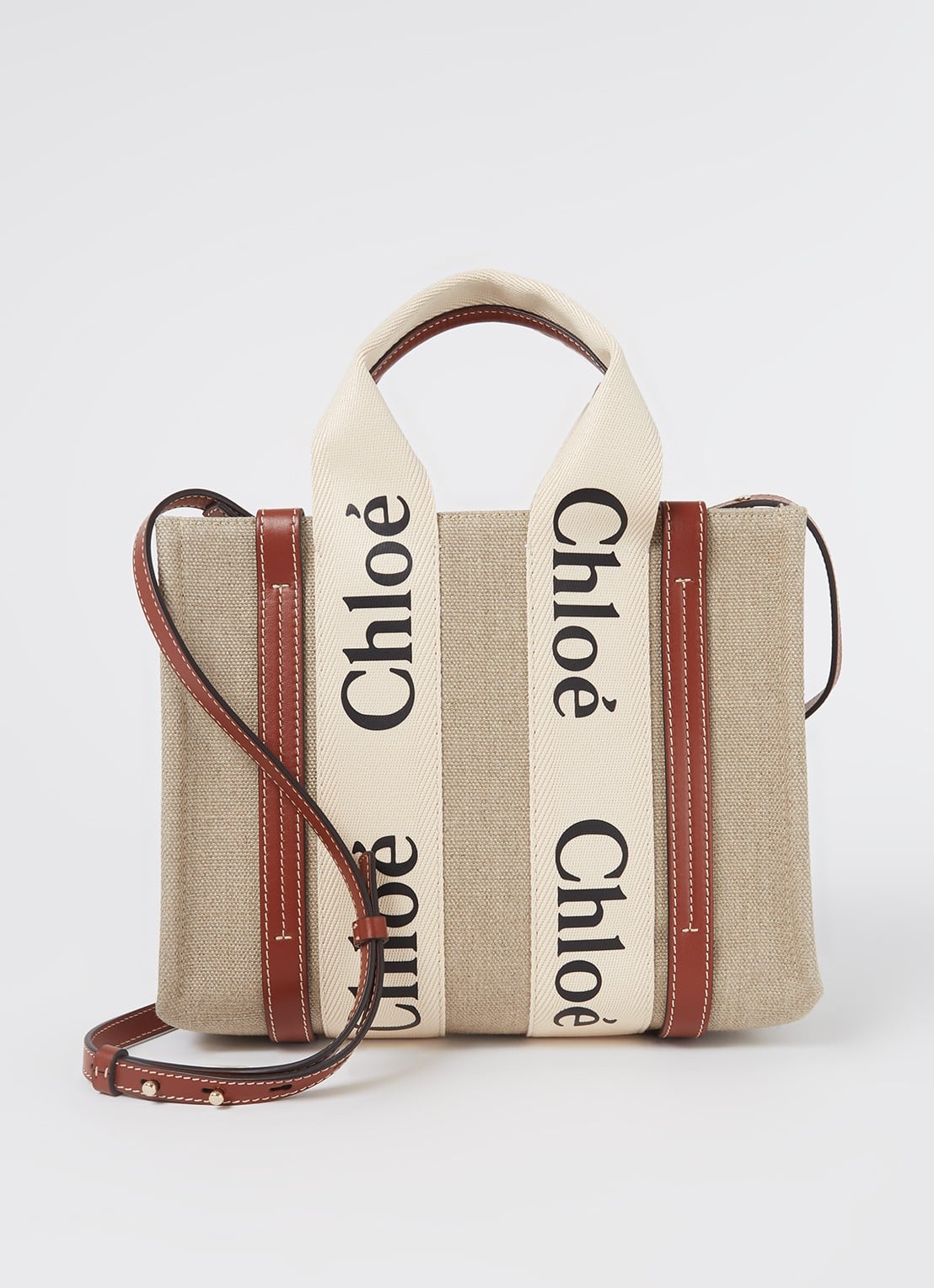 Chloé Woody Small handtas van linnen met kalfsleren details - voorkant camel