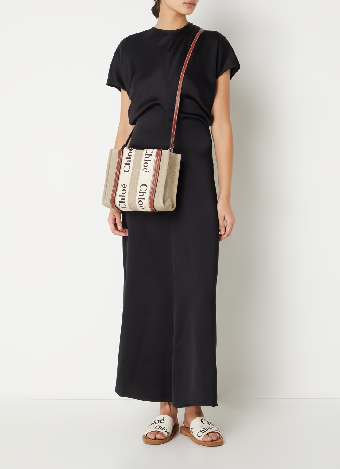 Chloé Woody Small handtas van linnen met kalfsleren details - voorkant 2 camel