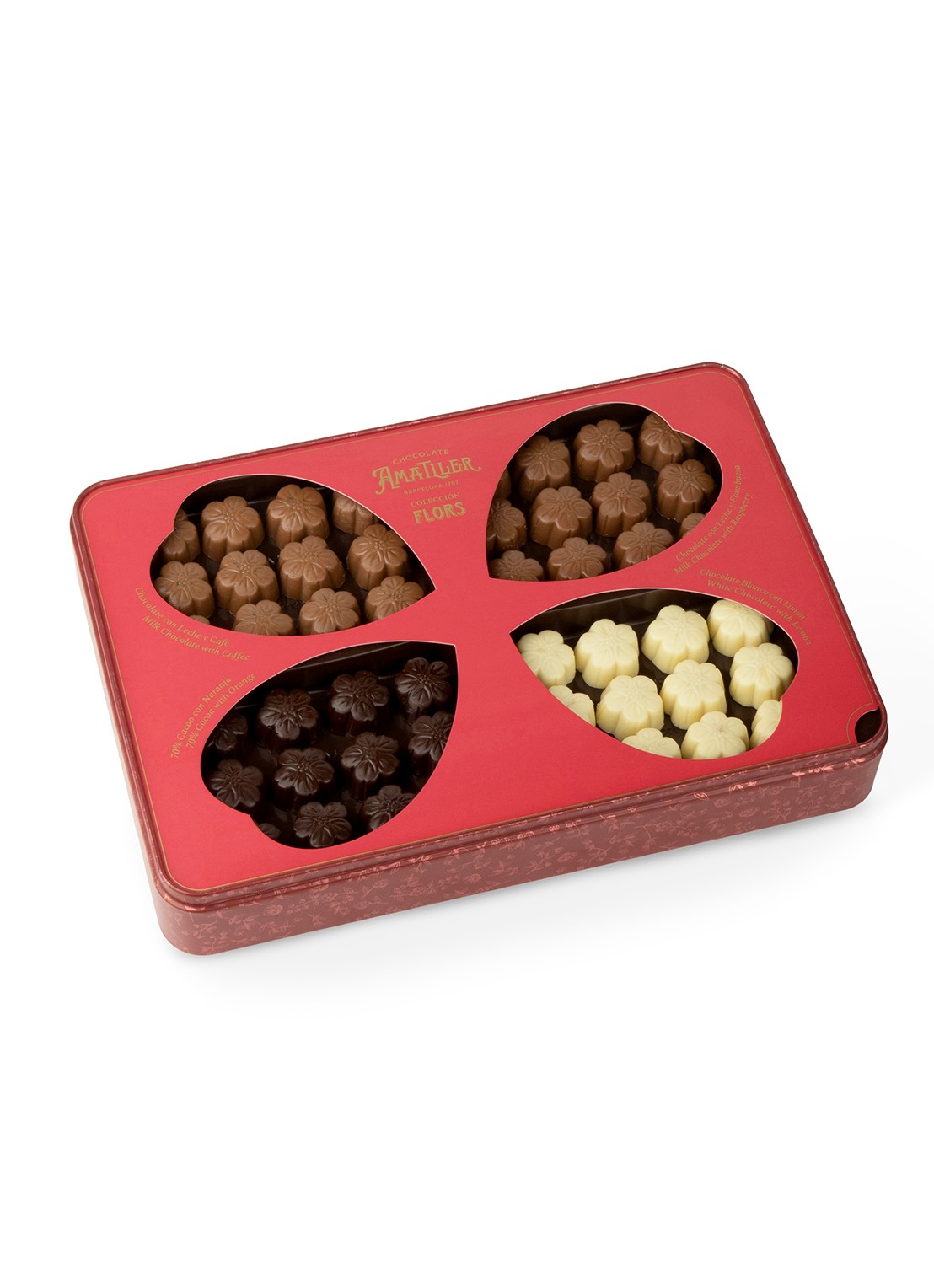 Chocolate Amatller Chocolade met fruit- of koffievulling in XL blik 288 gram - achterkant 4 undefined