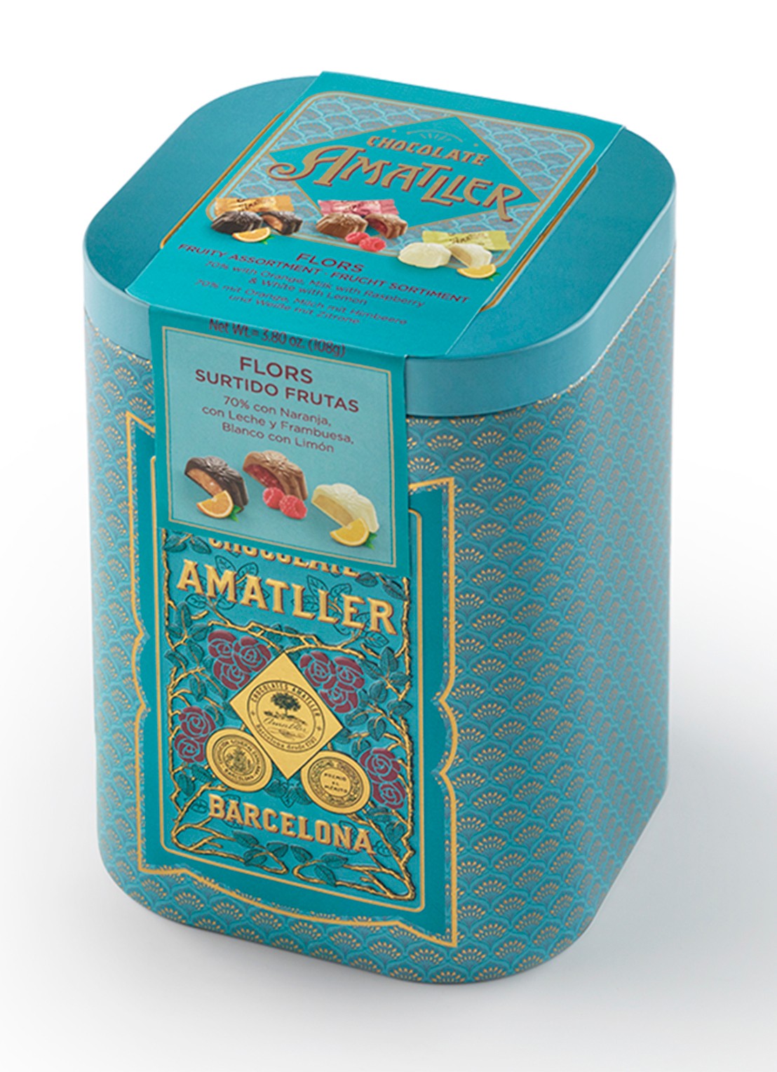 Chocolate Amatller Chocolade met fruitvulling in blik 18 stuks - voorkant undefined