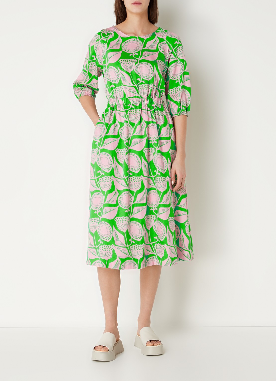 CINQUE Ciessun midi tuniekjurk met bloemenprint en steekzakken - detail neongroen