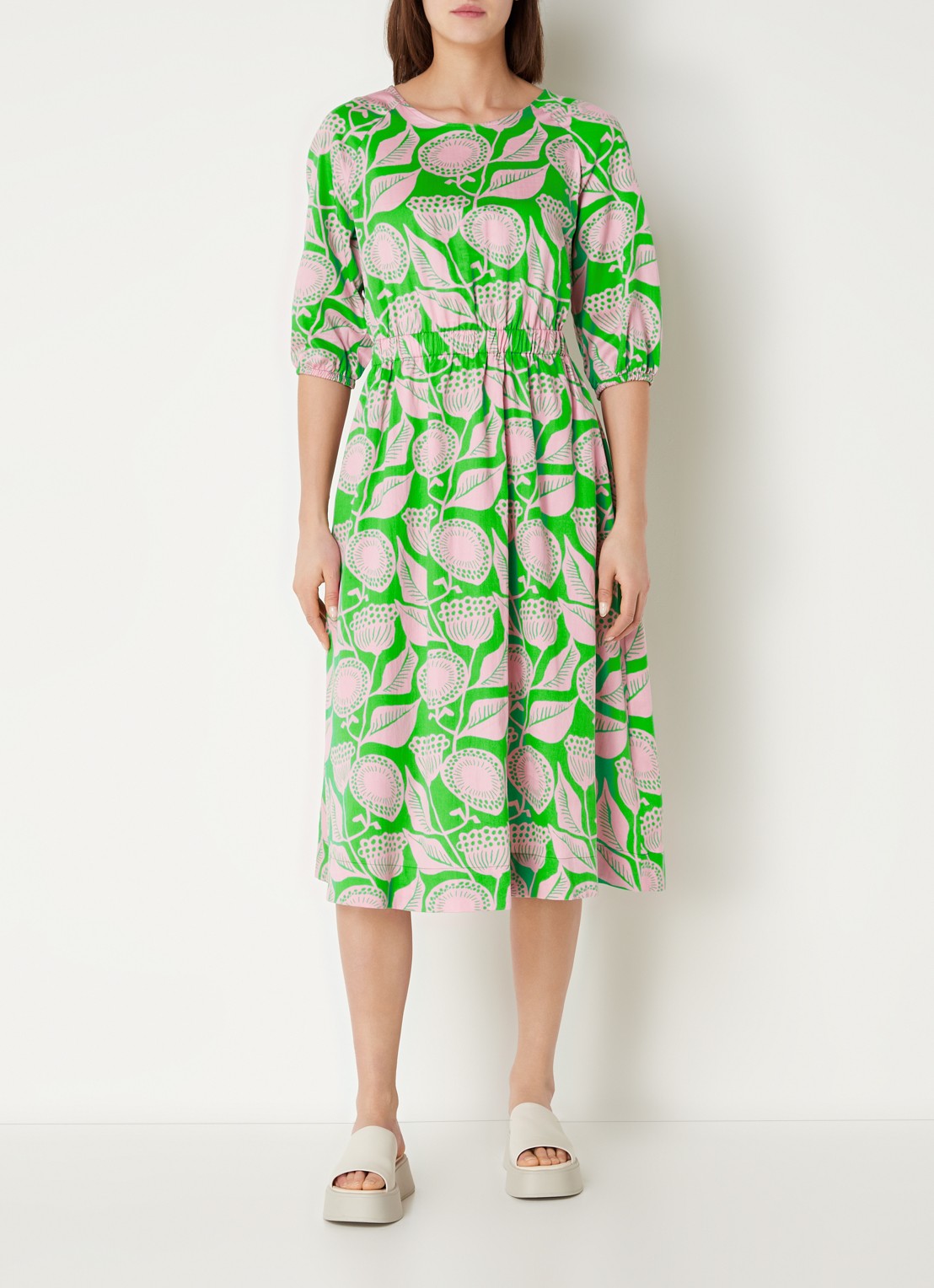 CINQUE Ciessun midi tuniekjurk met bloemenprint en steekzakken - voorkant 4 neongroen