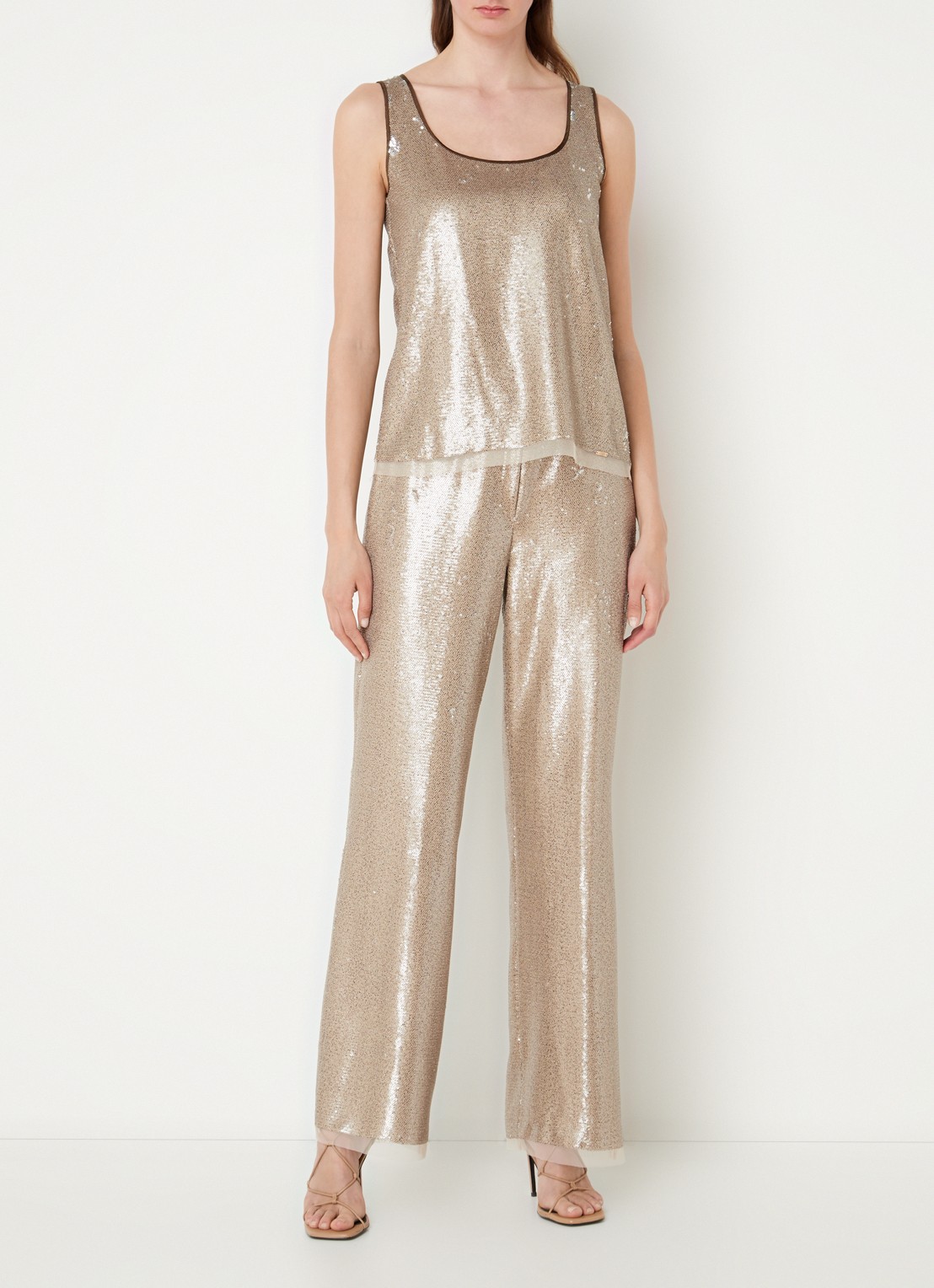 CINQUE Sleepy high waist straight fit pantalon met pailletten  - voorkant 2 zand