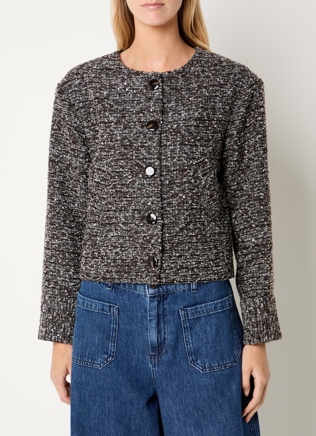 Claudia Sträter Blazer in wolblend met tweed-look en pailletten  - detail donkerbruin