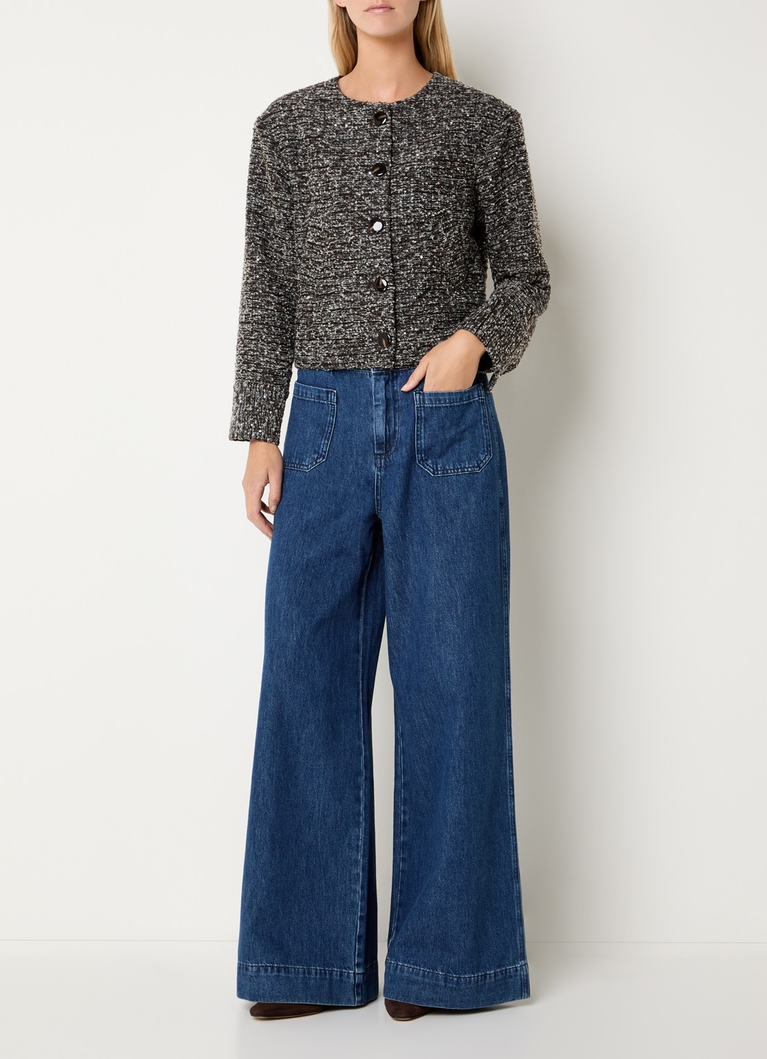 Claudia Sträter Blazer in wolblend met tweed-look en pailletten  - voorkant 3 donkerbruin