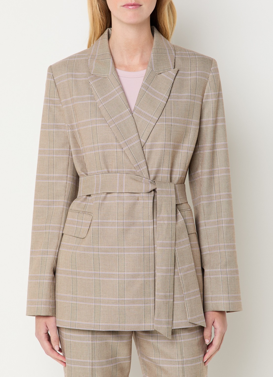 Claudia Sträter Blazer met ruitdessin en strikceintuur - detail 2 beige