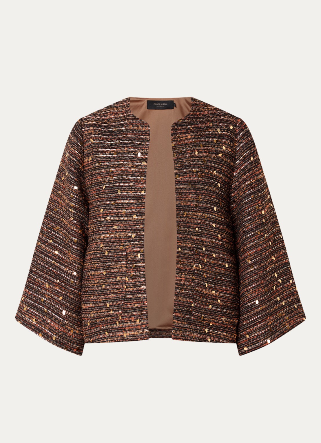 Claudia Sträter Blazer van tweed in wolblend met pailletten  - voorkant 2 oranjebruin