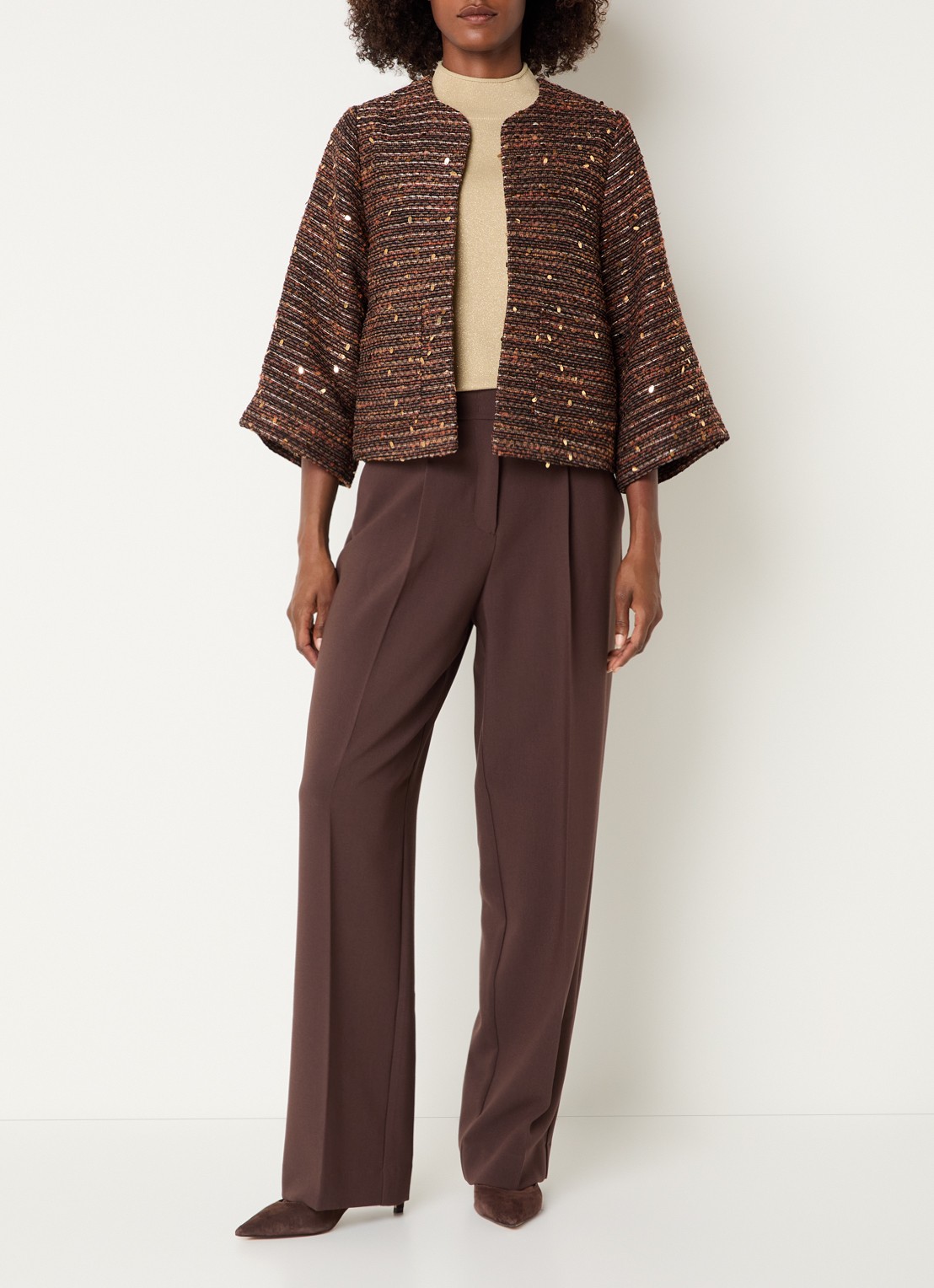 Claudia Sträter Blazer van tweed in wolblend met pailletten  - voorkant 3 oranjebruin