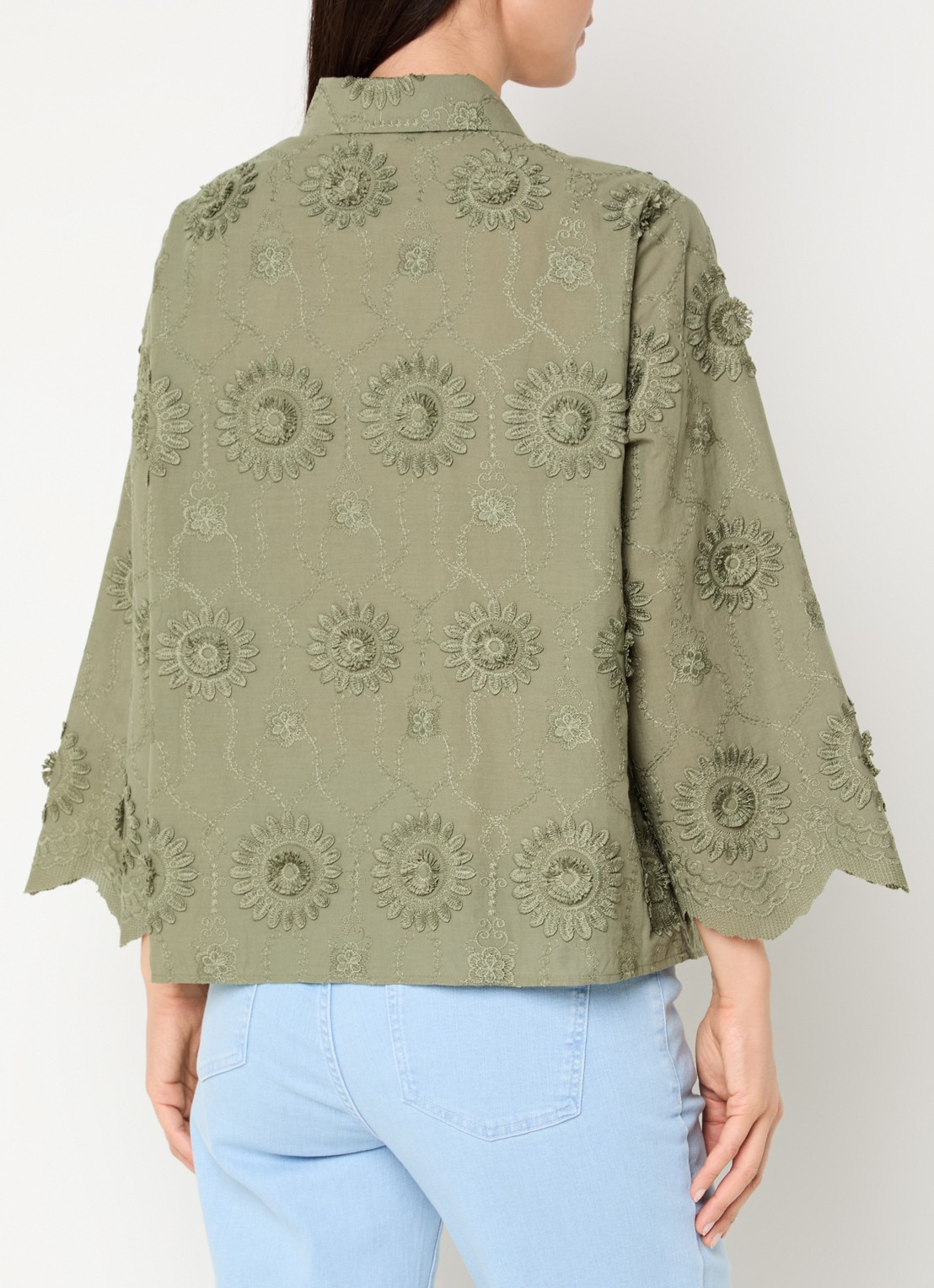 Claudia Sträter Blouse met bloemborduring en vlindermouwen - achterkant donkergroen
