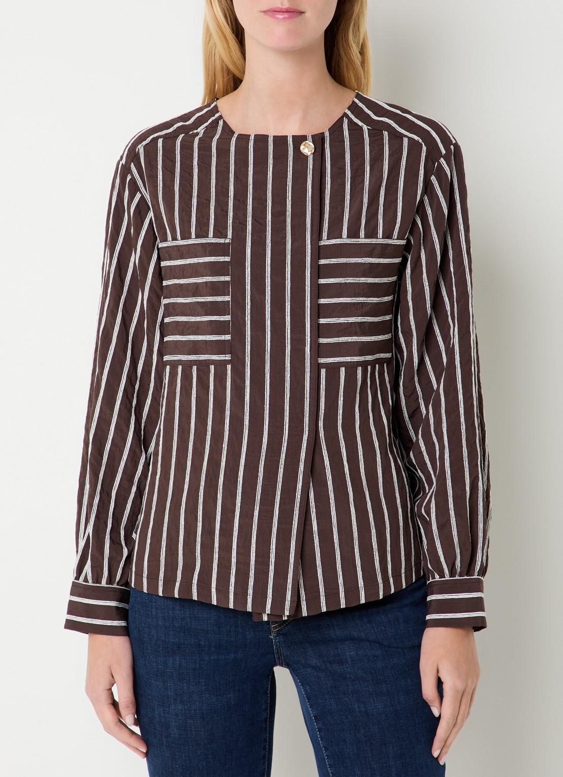 Claudia Sträter blouse met streepprint en opgestikte zakken - detail donkerbruin