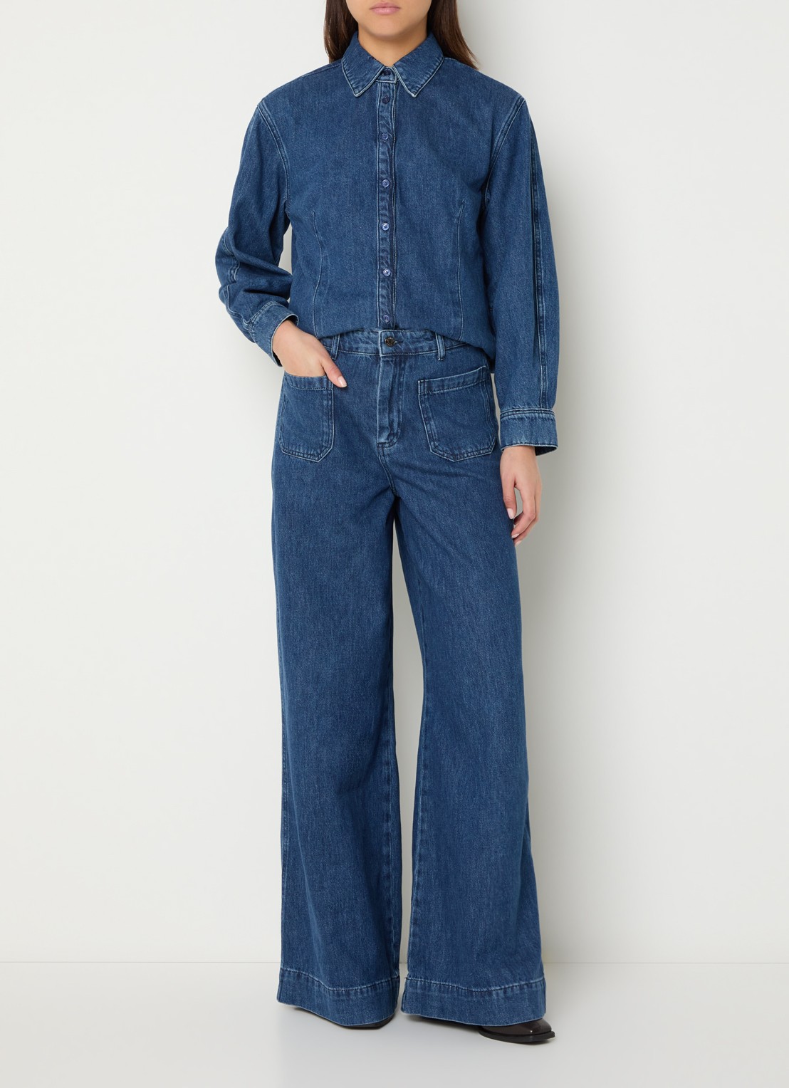 Claudia Sträter Blouse van denim met kraag - voorkant 4 indigo