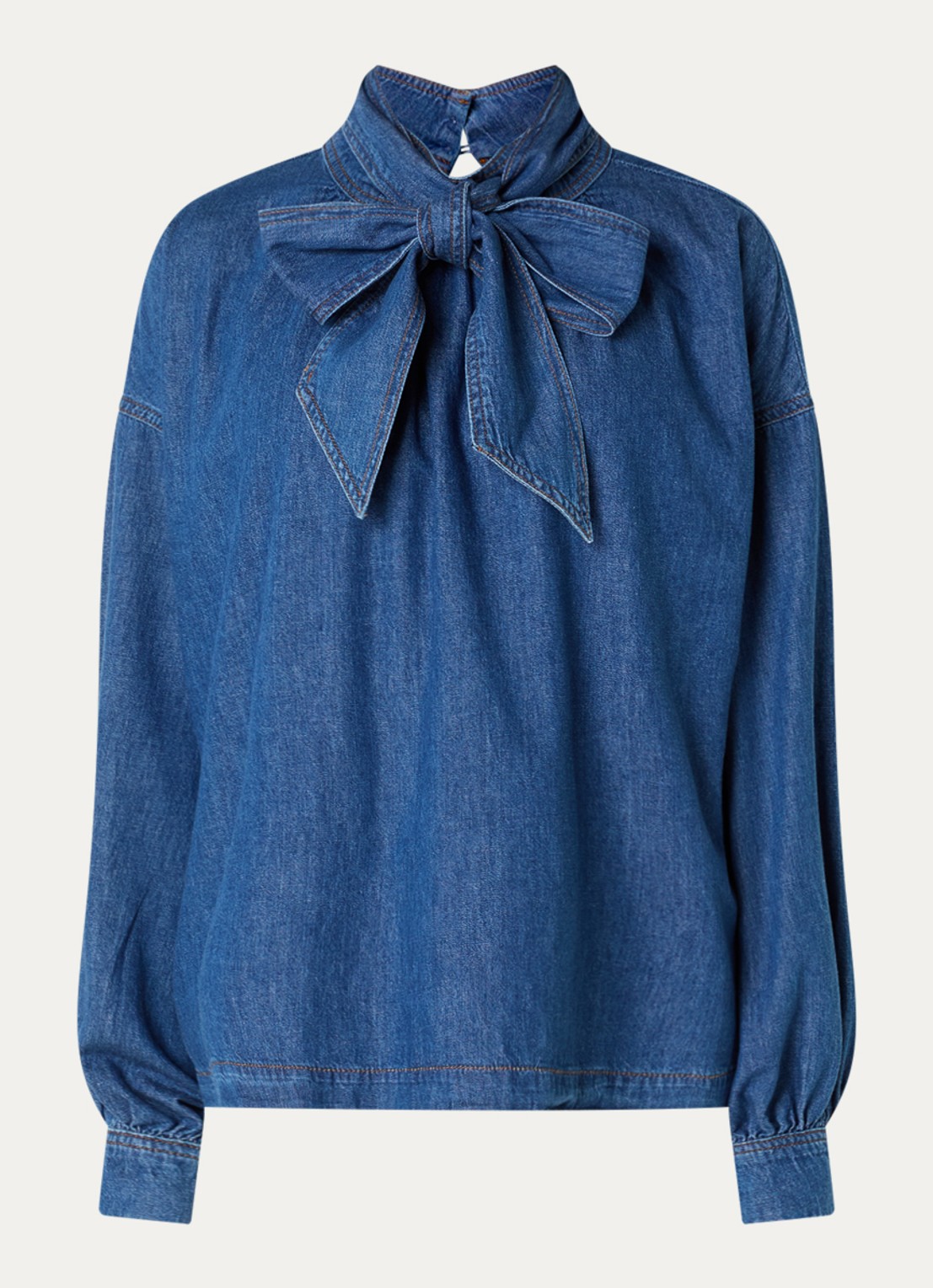 Claudia Sträter Blouse van denim met sjaalkraag - voorkant 3 indigo