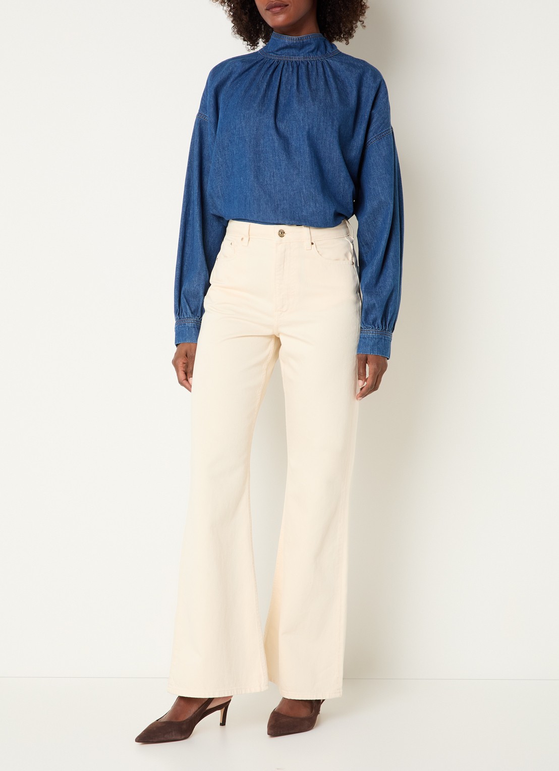Claudia Sträter Blouse van denim met sjaalkraag - voorkant 4 indigo