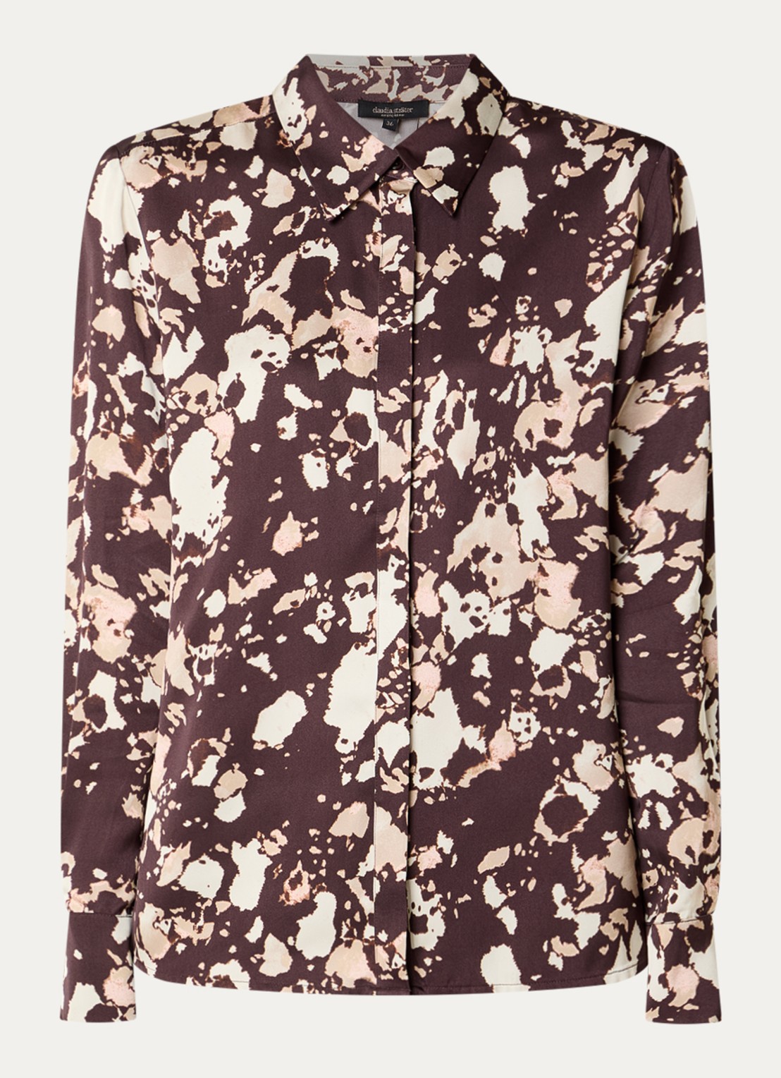 Claudia Sträter Blouse van satijn met grafische print - voorkant 2 chocoladebruin