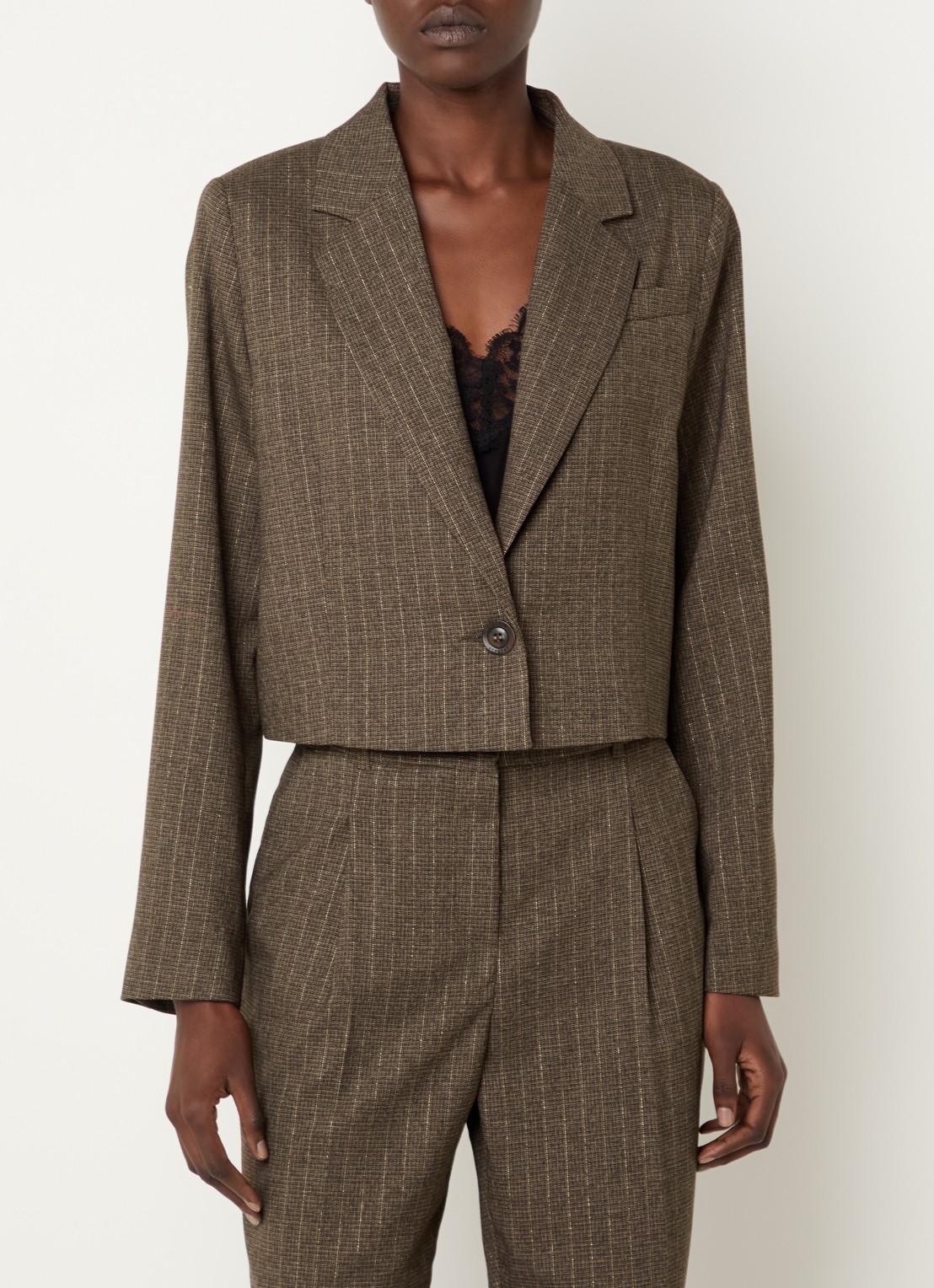 Claudia Sträter Cropped blazer met krijtstreep en lurex - detail 4 lichtbruin