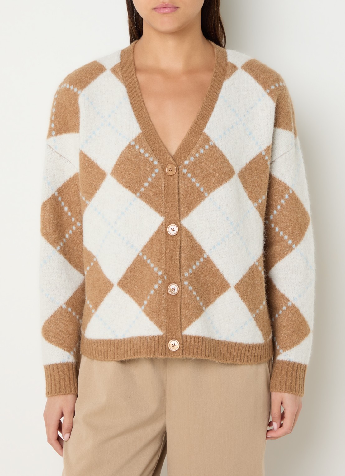 Claudia Sträter Fijngebreid vest met V-hals - detail camel