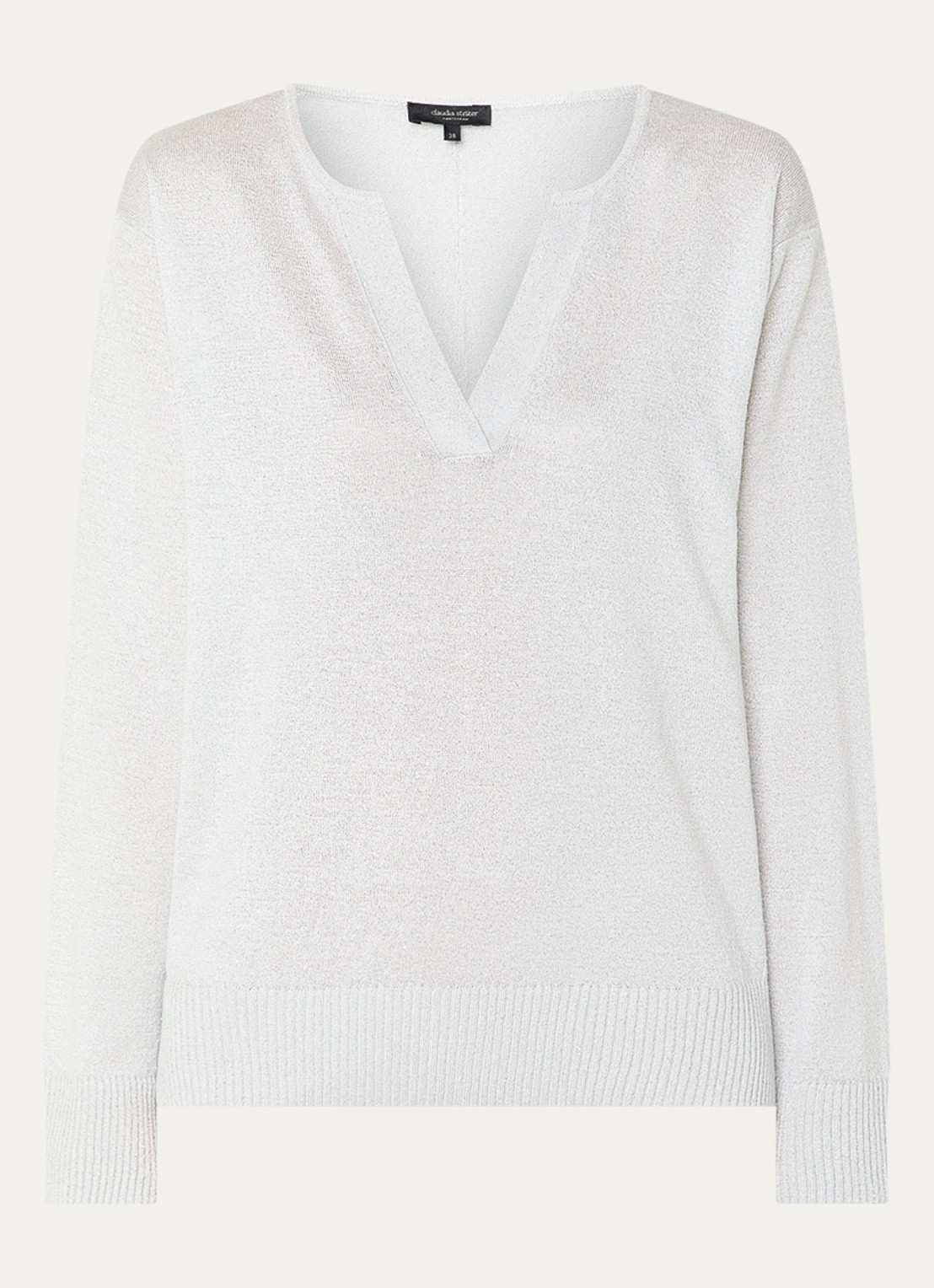 Claudia Sträter Fijngebreide pullover met lurex en V-hals - voorkant lichtgrijs