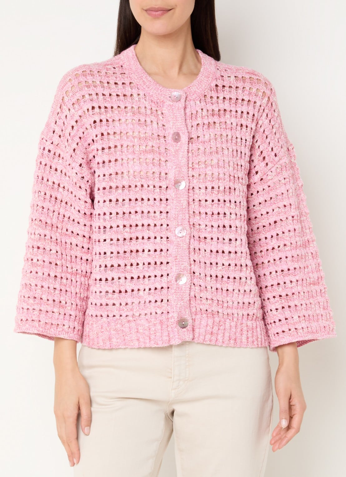 Claudia Sträter Grofgebreid vest met lurex - detail roze