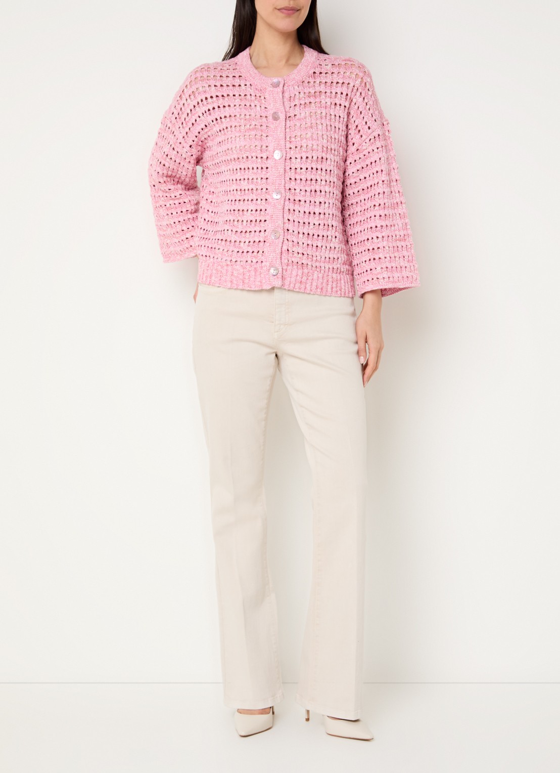 Claudia Sträter Grofgebreid vest met lurex - voorkant 3 roze