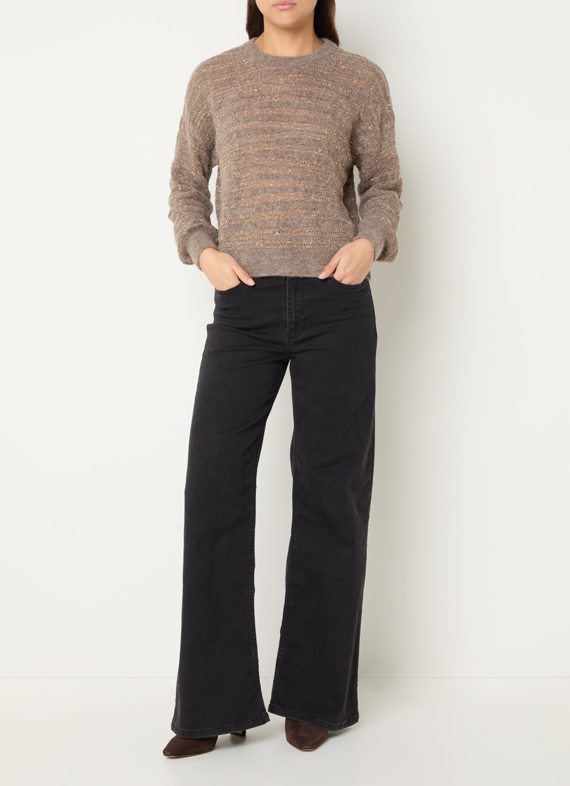 Claudia Sträter Grofgebreide pullover in alpaca wolblend met lurex - voorkant 3 taupe