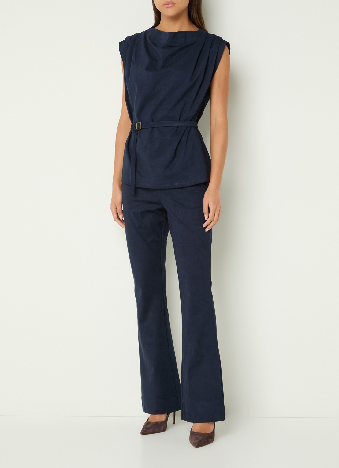 Claudia Sträter High waist bootcut fit broek van imitatiesuède - voorkant 4 donkerblauw