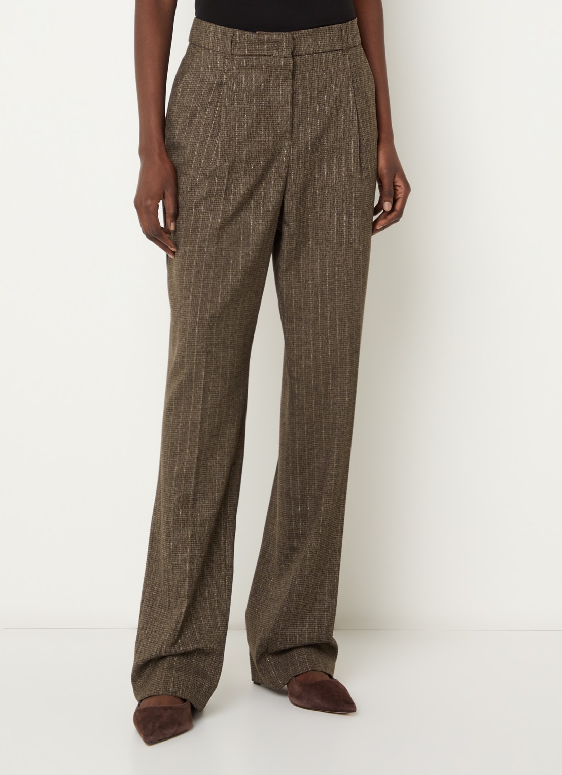 Claudia Sträter High waist straight fit pantalon met krijtstreep en lurex - detail 2 lichtbruin