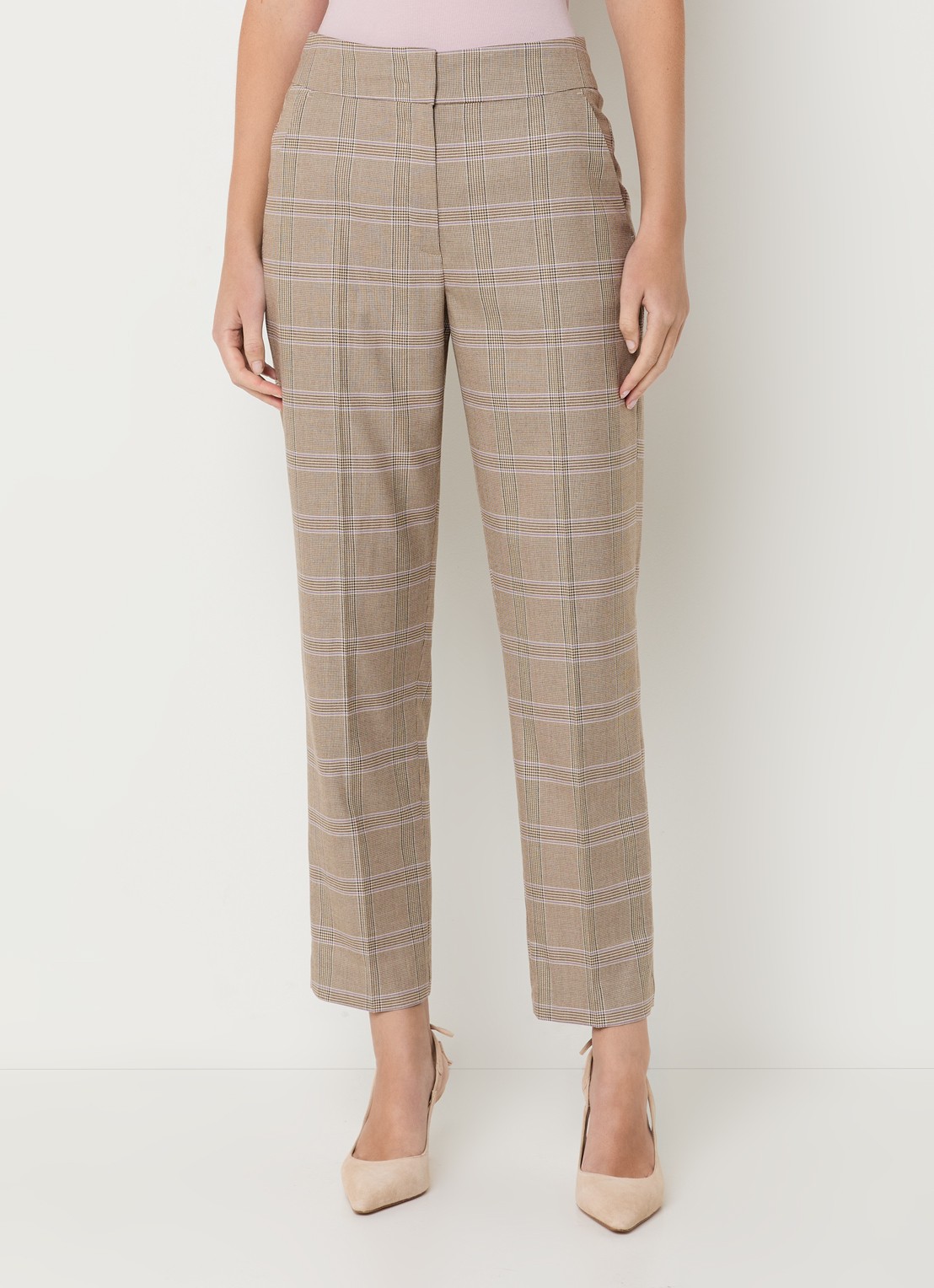 Claudia Sträter High waist straight fit pantalon met pied-de-poule dessin - detail 2 lichtbruin