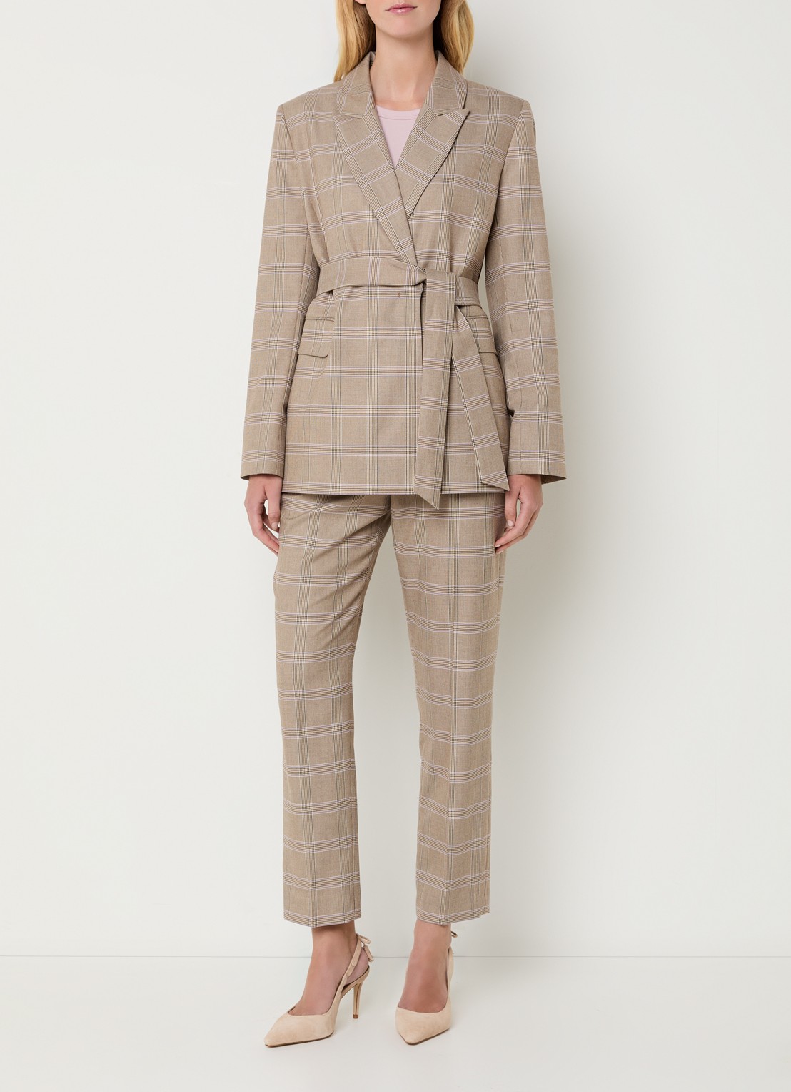 Claudia Sträter High waist straight fit pantalon met pied-de-poule dessin - voorkant 4 lichtbruin