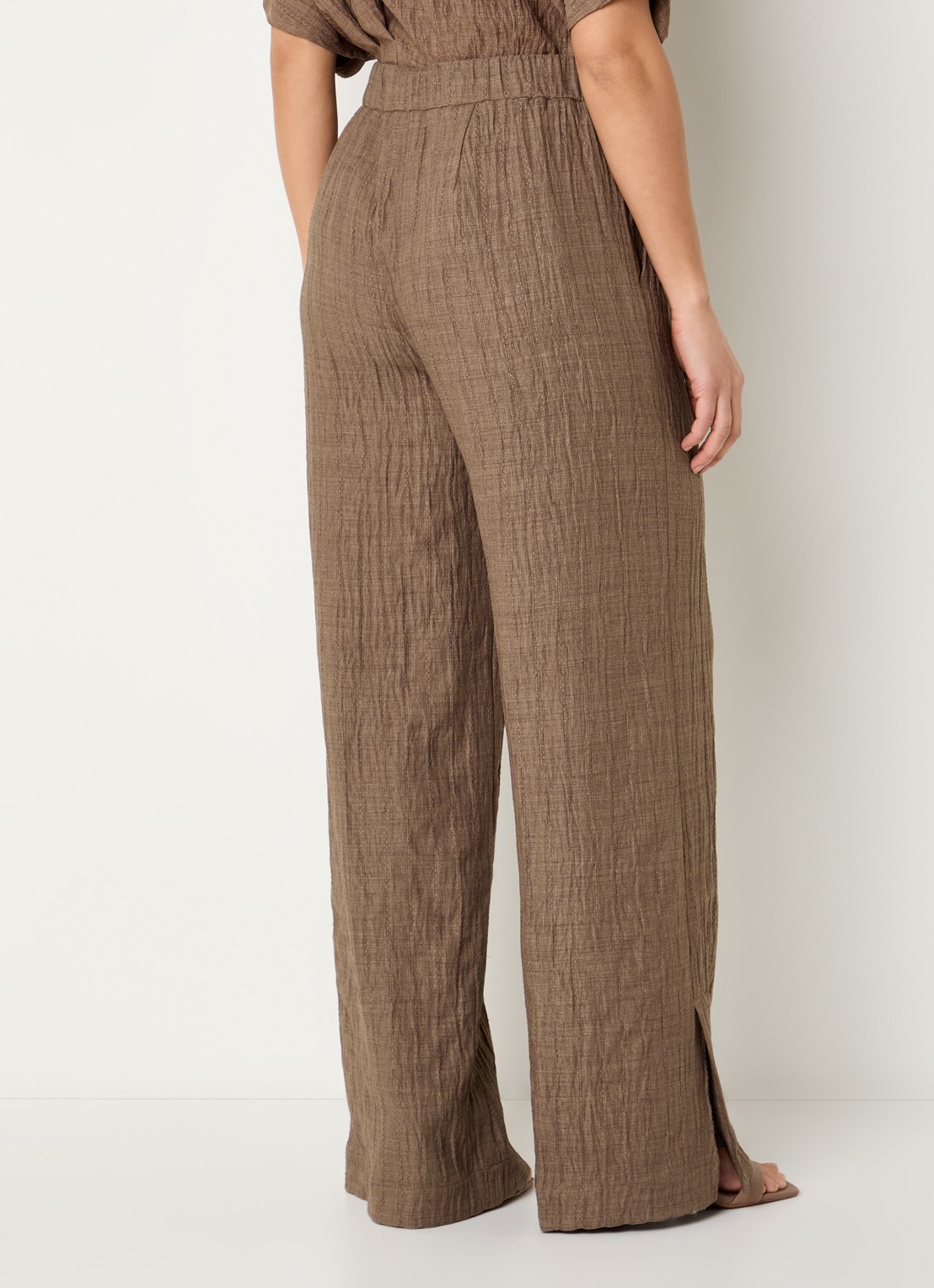 Claudia Sträter High waist straight fit pantalon met structuur - achterkant 2 hazelnootbruin