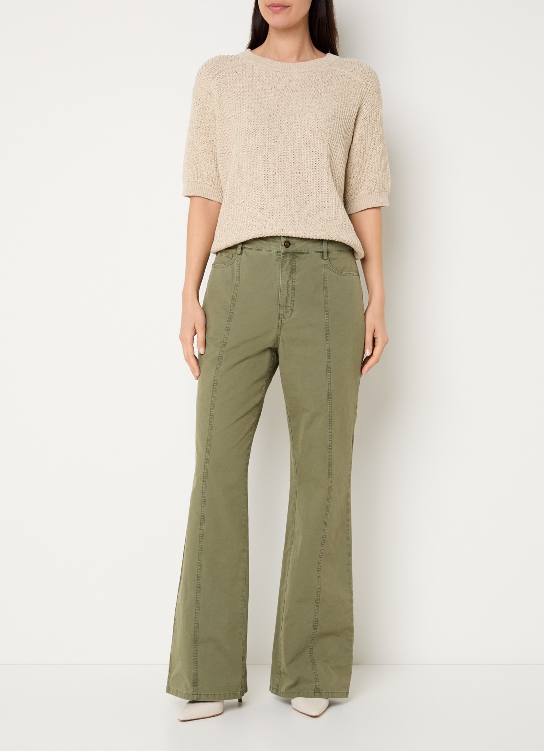 Claudia Sträter High waist straigt leg broek met steekzakken - voorkant 5 legergroen