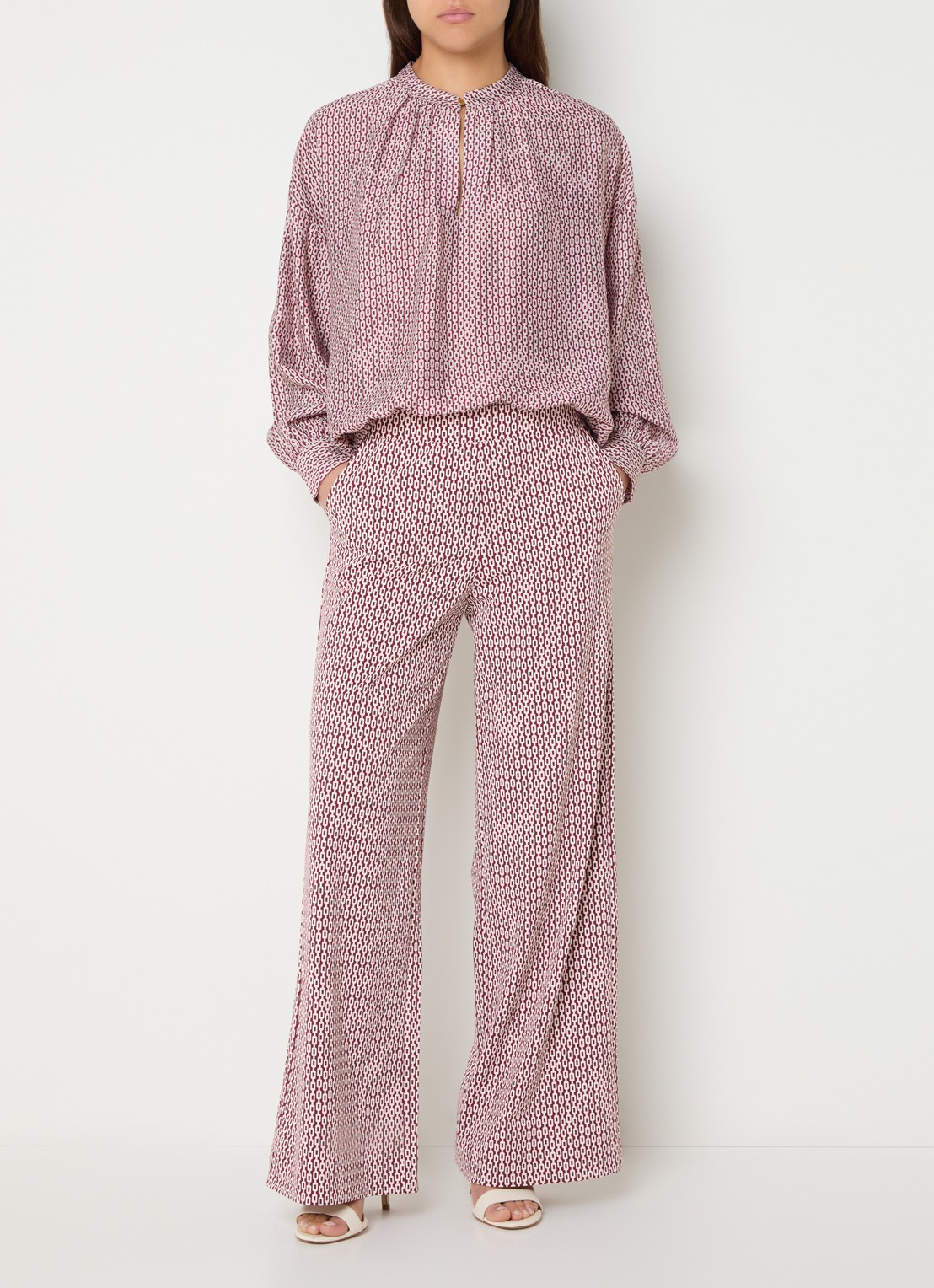 Claudia Sträter High waist wide fit broek met print - voorkant 4 donkerrood