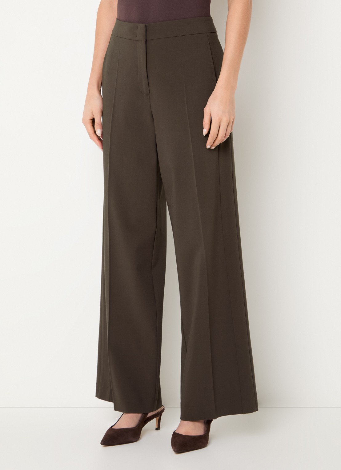 Claudia Sträter High waist wide fit pantalon in wolblend - detail 3 donkerbruin