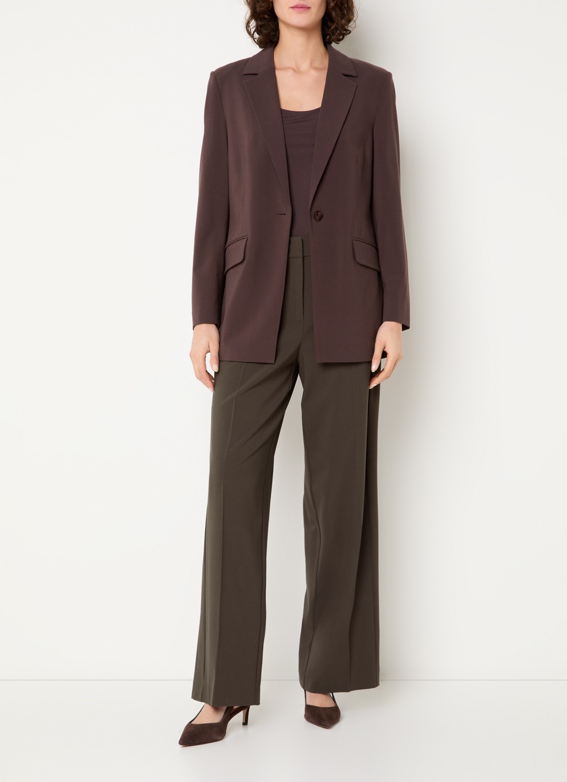 Claudia Sträter High waist wide fit pantalon in wolblend - voorkant 2 donkerbruin